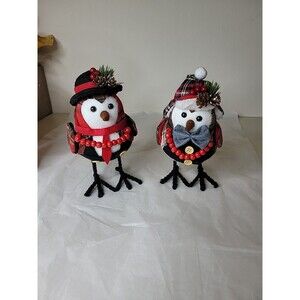 2 Holiday Time Fabric Christmas Birds Hat Plaid Table Top Decor New 7"
